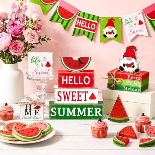 Vercraft 11 Pcs Watermelon Table Decorations Set Watermelon Tiered Tray Decor Summer Wooden Top Farmhouse Rustic Wooden Table Centerpieces for Home or Kitchen Office Decorations - style: Watermelon