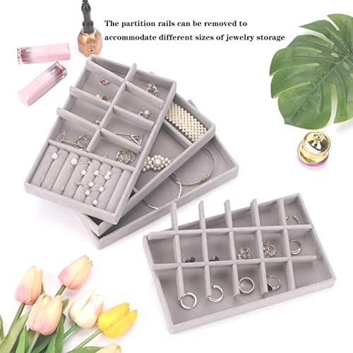 Stackable Jewelry Organizer Trays for Drawer, Set of 4 Velvet Jewelry Drawer Inserts in Dresser, 8in Storage Display Case for Rings Stud Necklaces Accessories(Grey) - color: Grey