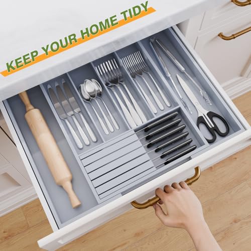 Bamboo Kitchen Silverware Drawer Organizer - Expandable Wood Utensil Holder with Dividers, Luxury Cutlery Storage Tray for Kitchen Utensil and Flatware (5-7 Slots with Removable Knife Block, Grey) - color: Grey