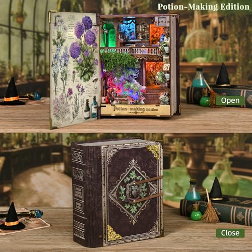 CCCDF Book Nook Kit, DIY Miniature Dollhouse Booknook Kit, 3D Wooden Puzzle for Teens and Adults, Bookend Bookshelf Insert Decor with LED Light (Potion-Making Edition) - style: Potion-Making Edition