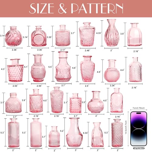 Petal Petite Glass Vase Set of 24 Small Pink Glass Bud Vases, Mini Vintage Flower Vases for Wedding Centerpieces & Table Décor, Champagne Vases in Bulk for Single Stem, Home and Office Decor - color: Pink
