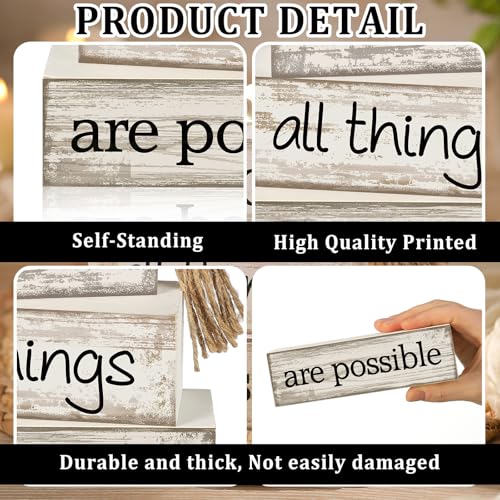Yuntau 4 Pcs Farmhouse Wooden Tabletop Decor Farmhouse Tiered Tray Decor Rustic Retro Wood Bead Garland with God All Things are Possible Block Sign Neutral Centerpiece Sign for Home Shelf Mantle - style: Farmhouse