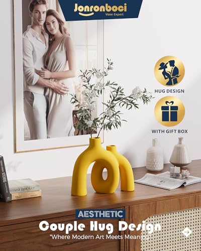 Hug Donut Decorative Vase Set - Yellow Vase, Modern Nordic Boho Style Vases Home Decor, Matte Ceramic Decorations for Living Room Shelf, Bookshelf Mantle Entryway Table or Console Décor (Yellow) - color: Yellow