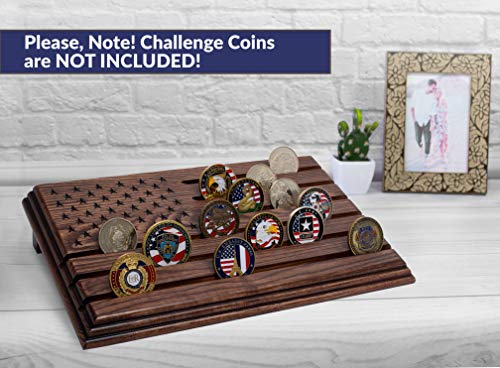 TESLYAR 6 Rows Military Challenge Coins Display Stand - Wooden Holder for 30-36 Coins - Solid Wood Display Rack for Desk - Army Collectible Challenge Coin Display Case - American Flag Design (Brown) - color: Brown