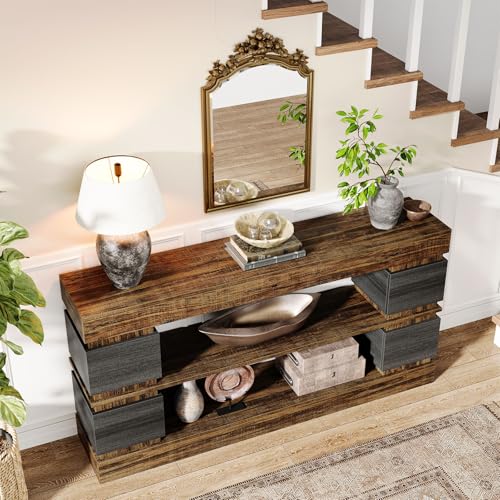 Tribesigns 63" Farmhouse Console Table, 3-Tier Entryway Table with Storage, Long Wooden Behind Couch Stand with 4 Compartments for Living Room, Hallway, Foyer, Vintage Brown & Gray