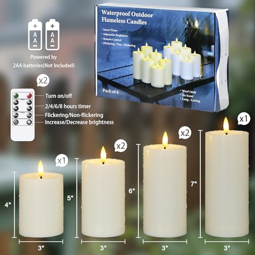 Yeelida Outdoor 6pcs Flameless Waterproof Candles with Handy Remote Control, Cycle Timer Battery Operated Candle Grease Effect LED Flickering Pillar Plastic Long Lasting (Ivory, 3" x4" 5" 5" 6" 6" 7") - color: Ivory, size: 4" 5" 5" 6" 6" 7"