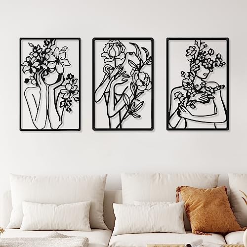 CHENGU 3 Pieces Metal Minimalist Abstract Woman Wall Art Line Drawing Wall Art Decor Single Line Female Home Hanging for Kitchen Bathroom Living Room - style: Modern