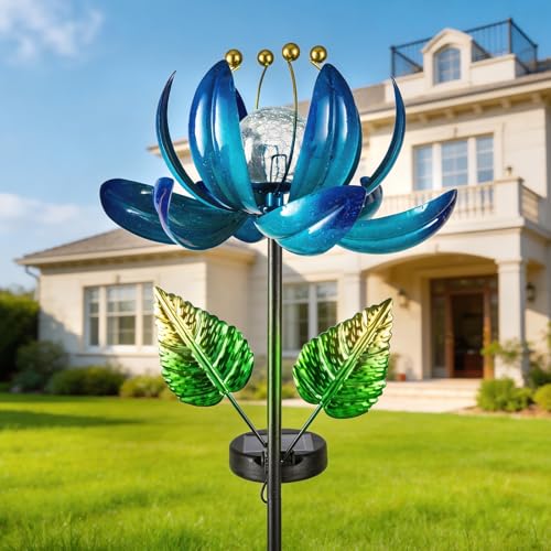 AIINY Solar Garden Lights Metal Flower Decor, Colorful Lotus Pathway Spinning Windmill with LED Cracked Crystal Ball Outdoor Decorative Stake Lighting Waterproof Flower Sculpture for Patio Yard - color: Dazzling Blue