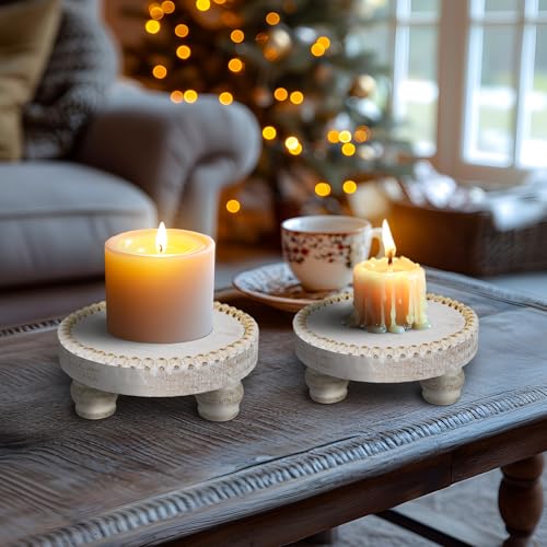Small Wood Risers for Decor, Round Wooden Display Risers Candle Plates and Trays, Farmhouse Candle Trays Home Decor, Pedestal Stand for Mini Cake, Mug Display Decorative, Table Centerpiece, White - color: White, size: Set of 2