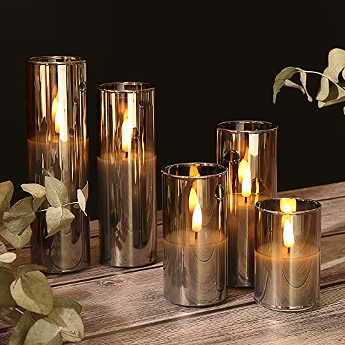Eywamage 5 Pack Grey Glass Flameless Candles with Remote, Flickering Slim Tall LED Pillar Votive Candles Battery Included - color: Gray