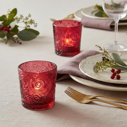 12 Pack Patented Sun Moon Star Embossed Glass Tea Light Candle Holders - Unique Votive Candle Holders for Wedding, Party, and Table Centerpieces (Wildberry Red) - color: Wildberry Red
