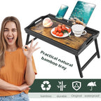 Tray Table for Bed, Bamboo Breakfast Serving Tray with Folding Legs and Handles, Laptop and Snack Bed Table with Cross Bar & Media Slot, Dark Brown with Black Legs, for Bedroom, Sofa, Kitchen - style: 1 pack（Dark brown with black legs）