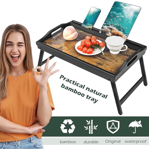 Tray Table for Bed, Bamboo Breakfast Serving Tray with Folding Legs and Handles, Laptop and Snack Bed Table with Cross Bar & Media Slot, Dark Brown with Black Legs, for Bedroom, Sofa, Kitchen - style: 1 pack（Dark brown with black legs）