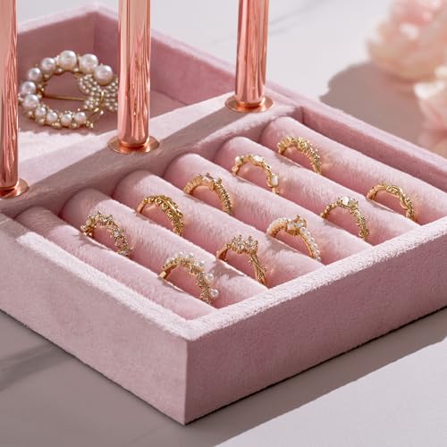bussdis 3 Tier Bracelet Holder Display - Detachable T Bar Pink Velvet Bracelet Holder, Jewelry Holder Organizer for Bracelet, Necklace, Earrings, Rings - color: Pink, size: Standard