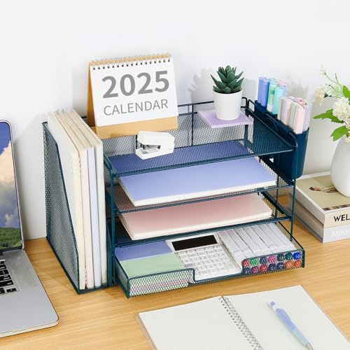 OPNICE Desk Organizer, 4-Tier Desktop File Organizer with Drawer and 2 Pen Holders, Office Desk Accessories, File Sorters, Workspace Organizers for Office Supplies(Dark Blue) - color: Dark Blue, size: 4-Tier