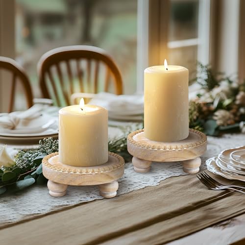 Small Wood Risers for Decor, Round Wooden Display Risers Candle Plates and Trays, Farmhouse Candle Trays Home Decor, Pedestal Stand for Mini Cake, Mug Display Decorative, Table Centerpiece, Brwon - color: Brown, size: Set of 2