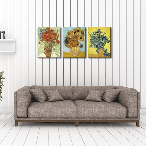 Wieco Art 3 Panels Canvas Prints of Vincent Van Gogh Paintings Reproduction Red Poppies and Daisies Sunflower Irises in Vase Canvas Wall Art for Living Room Home Office Decor - color: Flowers, size: 12 x 16 inches (Unframed)
