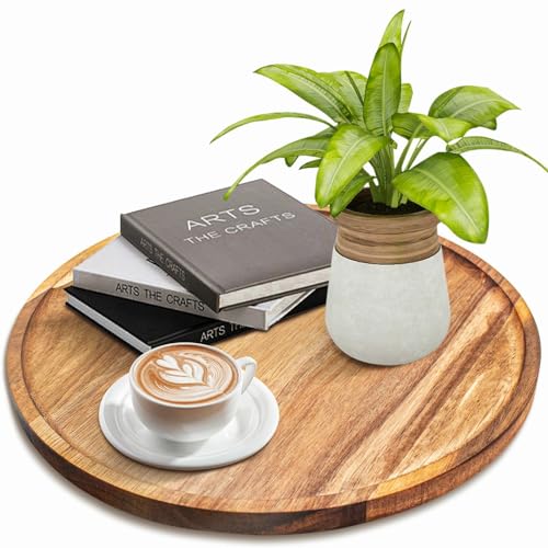 11.5 Inches Round Acacia Wood Tray, Decorative Serving Tray for Home Decor, Coffee Table, Kitchen, Dining Room, Candle Tray, Appetizer Board