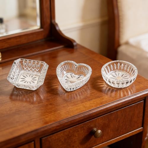 Set of 3 Clear Jewelry Dish Tray for Women Crystal Ring Holder for Wedding Engagement Birthday Mother's Day(Round, Square, Heart)