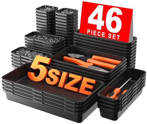 A-LuGei【𝟰𝟲𝗣𝗖𝗦 & 5 Size Tool Box Organizer Tray Divider Set, 【Black】 Bathroom Drawer Organizer Bin, Garage Organization and Storage Toolbox Rolling Tool Chest Cart Cabinet WorkBench Small Part - color: Black