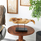 Deco 79 Teak Wood Leaf Decorative Sculpture Floating Home Decor Statue with Black Stand and Base, Accent Figurine 21" x 11" x 10", Brown