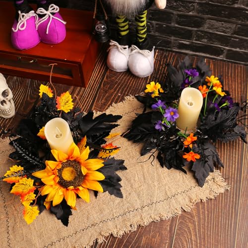 Halloween Candle Rings Wreath Fall Candle Rings Artificial Leaves Wreaths for Halloween Party Decorations 2 Pack Rose Skull Black Wreaths for Home Art Decor