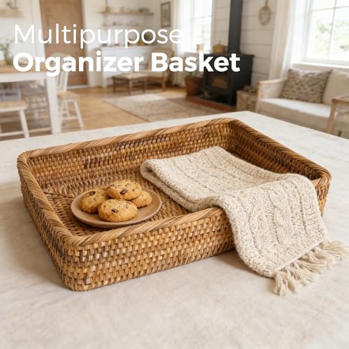 Wicker Storage Tray, Rattan Basket Rectangular for Bathroom Living Room, Decorative Serving Woven Trays Wicker Baskets for Organizing Home Decor L(15.7" × 11") - style: L (15.7" × 11")