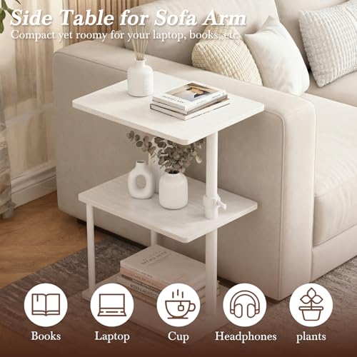 Faesun 360° Swivel Side Table for Height Adjustable, C Shaped End Table for Couch with Storage, 3-Tier Night Stand with Open Shelf, Tv Tray for Small Spaces, Living Room, Bedroom, White - color: White