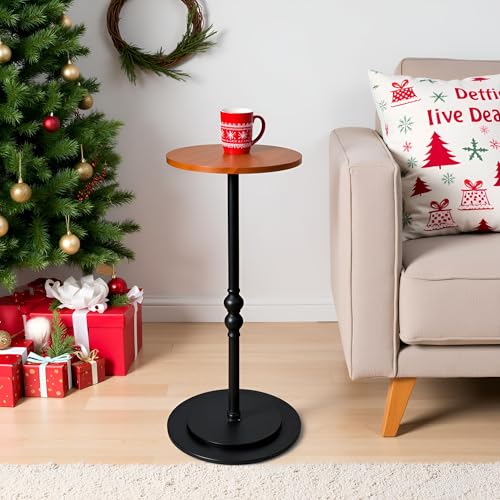 SwallowLiving Small Round End Table, Tall Pedestal Drink Side Tables Living Room, Narrow Night Stand for Small Spaces, Bedroom, Modern Wood Beside Table Desk Home Decor (Black & Brown, 12" x 25") - color: Rustic Caramel and Black