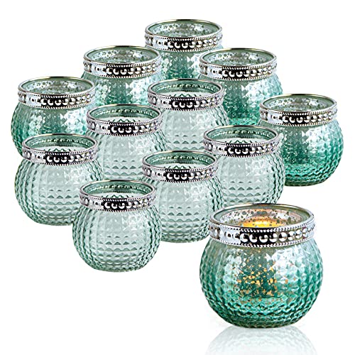 Candle Holder Set of 12, Small Tealight Candle Holder, Vintage Glass Votive Candle Holders for Table Centerpiece Wedding Home Decor Holiday Decor (Green) - color: Green