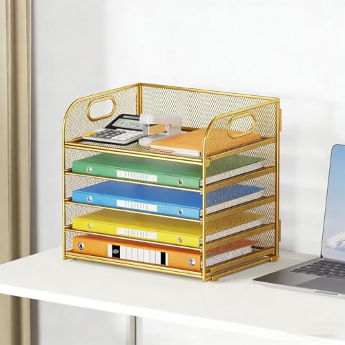 Lavatino Desk Paper Organizer Trays, Gold 5-Tier Mesh File Folder Sorter with Handles, Letter Holder Organizer for Office, Home, School Supplies Storage & Organization - color: 5 Tier - Gold, size: 12.6" x 9.1" x 11.5"