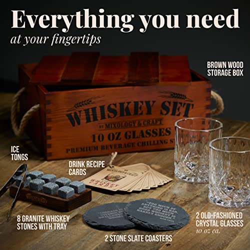 Mixology & Craft Premium Whiskey Set | Two 10oz Cystal Old-Fashioned Glasses, 8 Granite Chilling Stones, Metal Tongs, Recipe Cards in Rustic Wooden Crate Gift Set | Jameson Whiskey - size: Light Crate