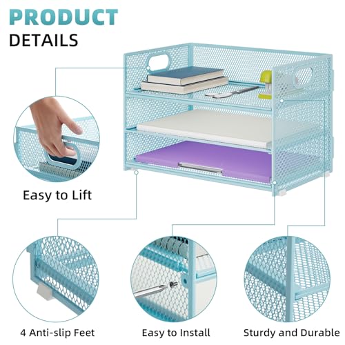 Marbrasse 3 Tier Paper Organizer Letter Tray, Mesh File Organizer with Handle, Paper Sorter Desk Organizer for Home Office Supplies(Blue) - color: Blue