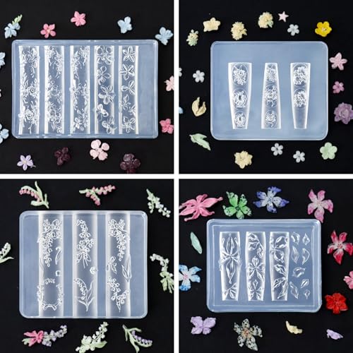 Laza 4pcs Silicone Nail Art Molds, Acrylic 3D Spring Summer Flower Nail Charms Molds Clear Modeling Templates Silicone Flowers Pattern Nail Tools with Sculpture Pen for Salon Nail Design - color: Flowers
