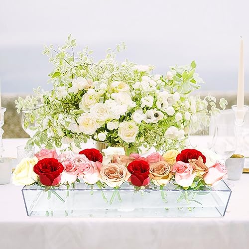 2Pack Clear Acrylic Flower Vase Rectangular, 15.7 Inches Long Floral Centerpiece Low Vases with Holes for Dinning Table, Home Decor, Wedding Decoration - size: 2Pcs