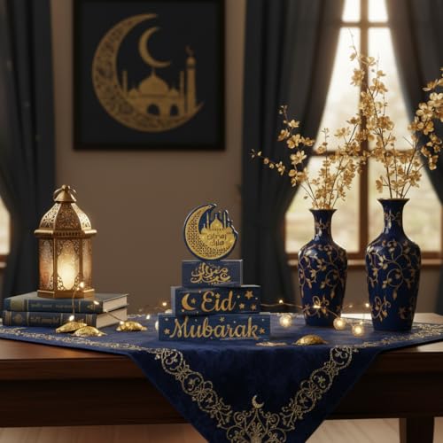 Smile 4Pc Ramadan Wooden Decorations Eid Mubarak, Ramadan Islamic Tiered Tray Muslim Party Tabletop Home Decor - style: Eid
