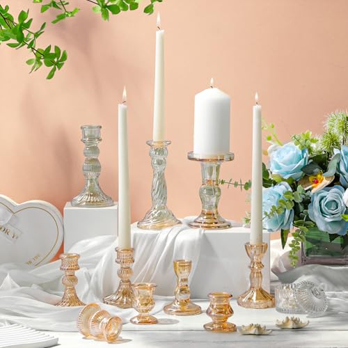 Mumufy 10 Pcs Glass Crystal Taper Candle Holders Clear Glass Candlestick Holder Fit 0.8 Inch Candles Crystal Decorative Candle Stand Centerpiece Table Wedding Dining Party (Classic,Gold) - color: Gold