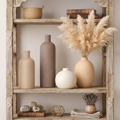 Ceramic Vase Set of 4 – Handmade Boho Neutral Farmhouse Pottery Vases for Pampas Grass, Modern Dried or Fresh Flowers, Decorative Vases for Living Room, Table, Shelf & Entryway