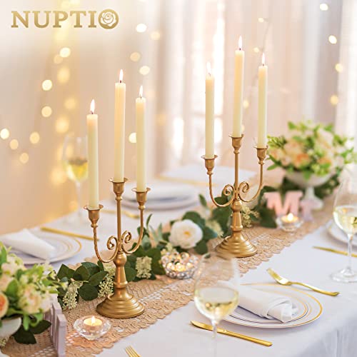 NUPTIO Candlestick Holders Candelabras Gold Candle Stick Stands 2 Pcs Metal Candelabra Centerpieces Candlestick Holders for Tapered Candles Wedding Birthday Party Dining Table Christmas Decoration 11" - color: 3-arms Gold, size: 2 Pcs