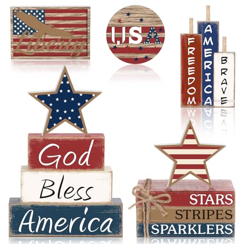 Vercraft 11 Pcs 4th of July Decorations Patriotic Memorial Day Tiered Tray Decor Set Blue Red White Table Centerpieces Sign for Independence Day Office Tiered Tray Home Shelf 250th Anniversary - style: Patriotic