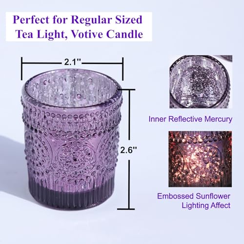 VOHO 12pcs Sunflower Purple Votive Candle Holders for Table Centerpiece, Mercury Tealight Candle Holder for Wedding Decor, Boho Tea Light Candle Holder Glass Gifts for Easter Halloween(2.1x2.6 In,W/H) - color: Purple