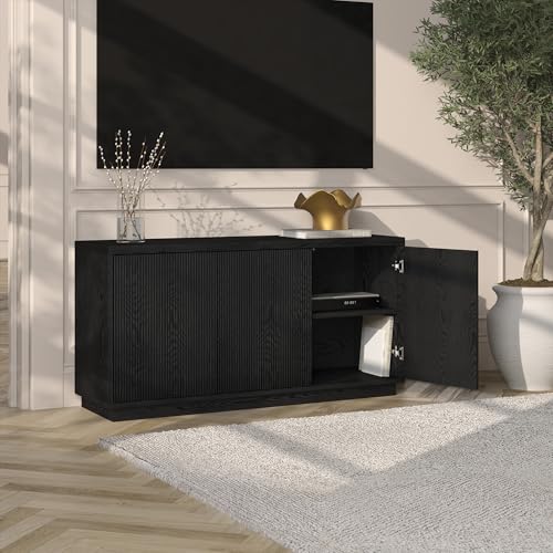 Henn&Hart Fluted TV Stand for TVs up to 55" with 3 Swing Out Ribbed Doors and Adjustable Shelves for Living Room, Family Room, or Office, Natural Black - color: Natural Black, size: 48" TV Stand