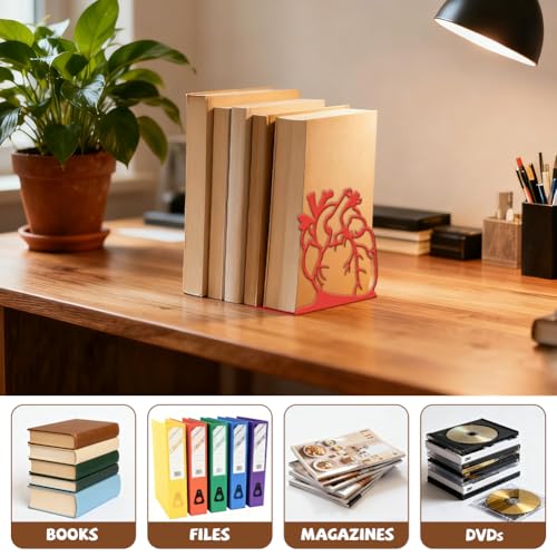 Peacoblue Metal Bookends for Shelves, Modern Decorative Heavy Duty Study Book Ends Stoppers for Office, Desk, Shelf, Room 5.3"x4.3"x5.9" Cast Iron Simple Tall Bookends 1 Pair (Realistic Human Heart) - style: Realistic Human Heart