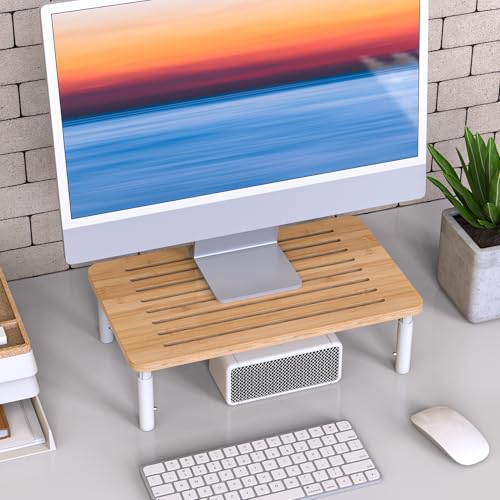 Bamboo Monitor Stand Riser, 4 Adjustable Height, Laptop Stand with Airflow Vents, Desk Organizer for Computer, PC, Printer (Natural)