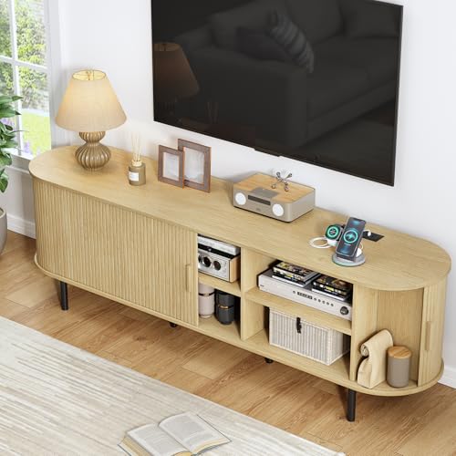 70.8" TV Stand with Power Outlet, Mid-Century Modern Television Stand, Fluted Media Console with Sliding Doors, Entertainment Center for TVs up to 60 Inch, Adjustable Shelves, Oak - color: Oak, size: 70.8 Inch