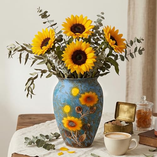 12 Inch Ceramic Flower Vase with Drainage Hole, Decorative Vase for Indoor & Outdoor Use, Available in Blue & Rust Color, Includes Rubber Stopper & Mesh Pad - color: Blue-sunflower