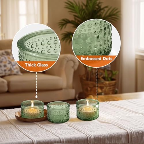 JOYIT Green Votive Candle Holders Bulk Set of 4, Tealight Candle Holder for Wedding Table Centerpiece, Glass Small Candle Holders for Birthday Party, Valentine's Day, Home Decor (2''X 1.4'') - color: Embossed_green