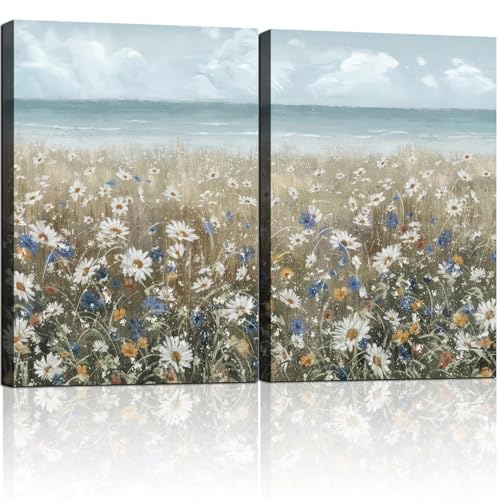 MochaMilly Framed Wall Art Bathroom Décor Boho Beach Coastal Vintage Floral Wall Picture Flower Daisy Flowers by Sea Canvas Print Nautical Small Artwork For Home Farmhouse Living Room Bedroom Office - color: Blue White, size: 12"x16"