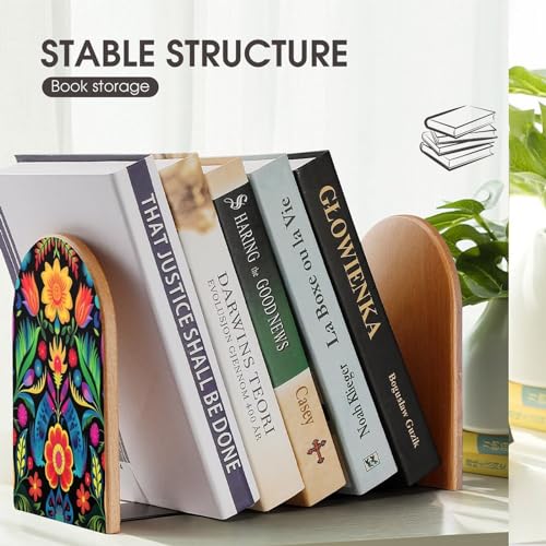 2 PCS Wood Book Ends,Mexican Style Colorful Striped Flower Bookends for Shelves Non Skid Book Ends for Office Home Kitchen, Bookends for Holiding Books 5x3 Inch