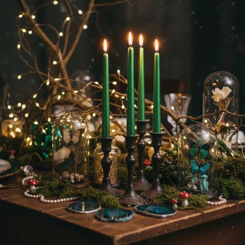 10 Inch Metal Taper Candles Handmade Smokeless Set of 4 – Unscented Tapered Candles in Green, Candle Sticks for Wedding, Home Decor, and Dinner Table - color: Green 4MT